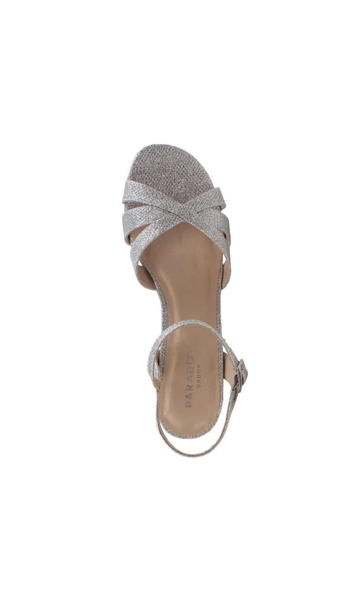 Top view of the Colette Sparkly Silver Prom Shoes: Paradox London P1801—a women’s strappy sandal with block heels, open-toe design, and adjustable ankle strap with buckle.